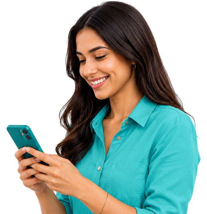Mujer revisando su celular para solicitar crédito
